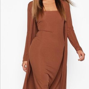 🍁Boo Hoo Cocoa Ribbed Midi Dress & Duster Set